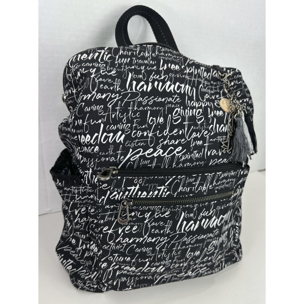 Sakroots Black Backpack White Script Print Convertible Travel Boho Bag Keychain - Picture 4 of 16